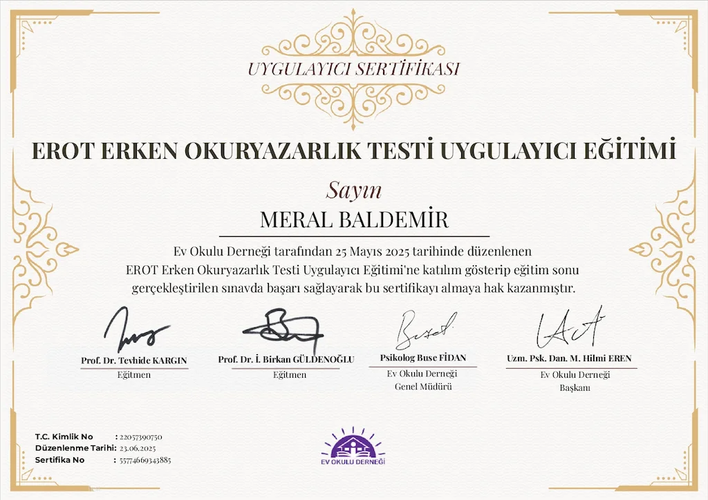 Psikolog Meral Baldemir'in Erken Okuryazarlık Uygulayıcı Sertifikası