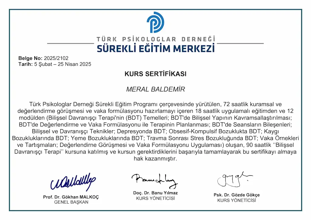 Meral Baldemir'in Bilişsel Davranışçı Terapi (BDT) Sertifikası