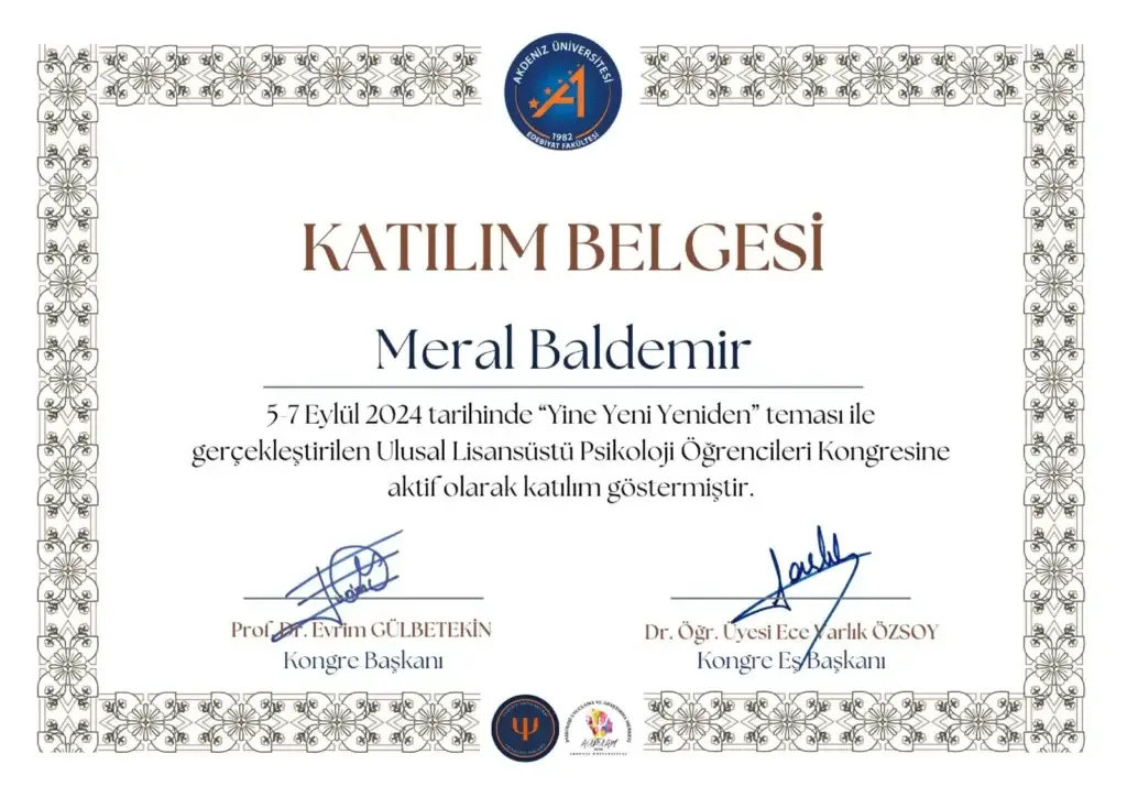 Akdeniz Üniversitesi Ulusal Lisansüstü Psikoloji Kongresi katılım belgesi – Meral Baldemir’in akademik katkıları