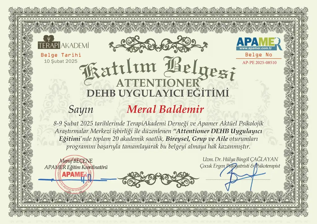 Psikolog Meral Baldemir’in dikkat eksikliği ve hiperaktivite bozukluğu üzerine aldığı Attentioner programı uygulayıcı eğitimi sertifikası