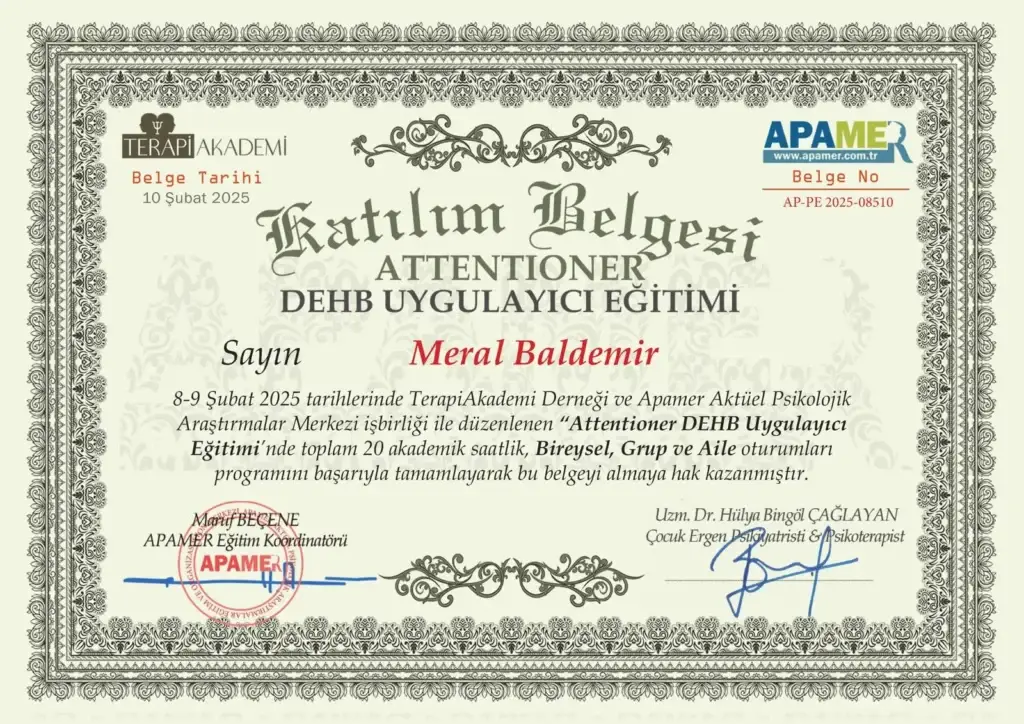 Psikolog Meral Baldemir’in dikkat eksikliği ve hiperaktivite bozukluğu üzerine aldığı Attentioner programı uygulayıcı eğitimi sertifikası