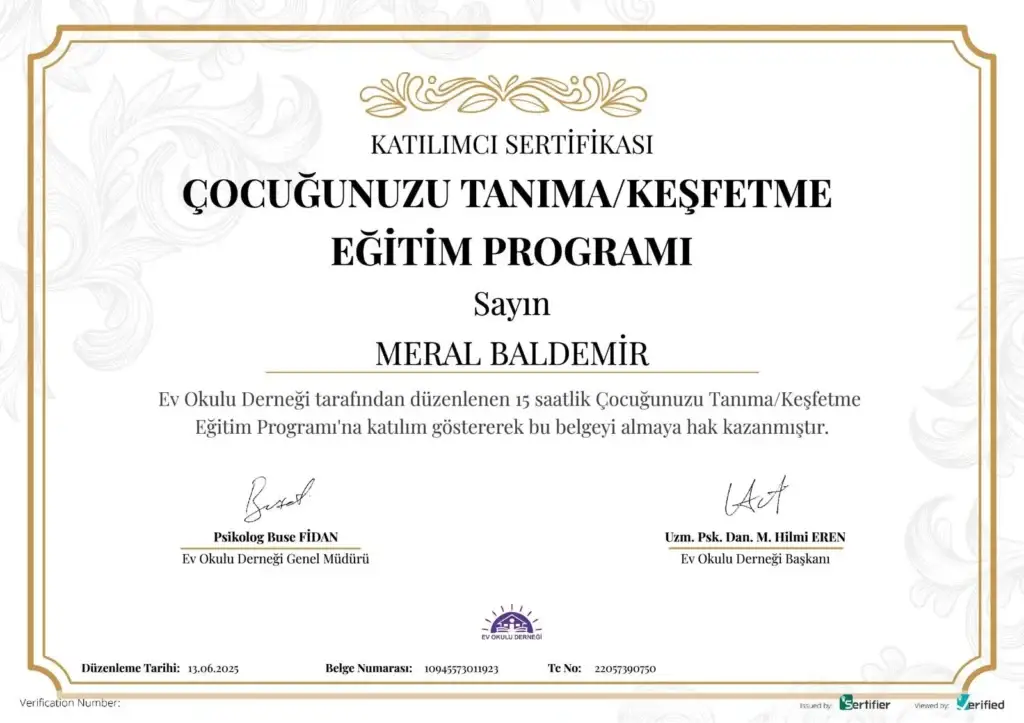 Psikolog Meral Baldemir’in çocuk gelişimi üzerine aldığı program katılım sertifikası – ebeveyn danışmanlığı alanında yetkinlik