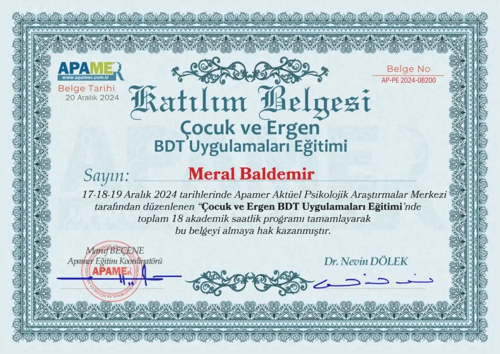 Psikolog Meral Baldemir’in çocuk ve ergenlerde BDT uygulamaları üzerine aldığı terapi eğitimi sertifikası