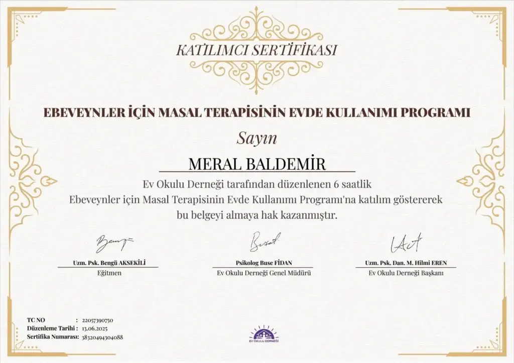 Psikolog Meral Baldemir'in ebeveyn odaklı masal terapisi katılım sertifikası – aile içi iletişimde masal kullanımı