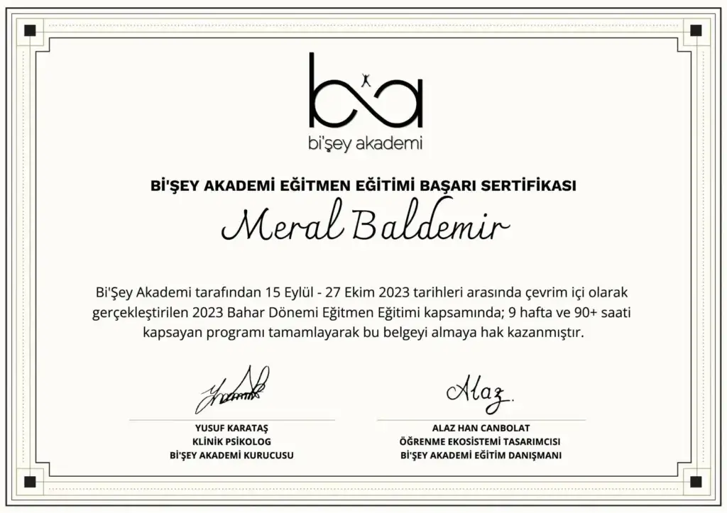 Psikolog Meral Baldemir'in eğitmenlik becerilerine dair başarı sertifikası – psikolojik eğitim programlarında uzmanlık
